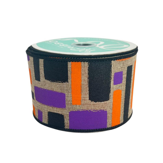 Halloween Wired Ribbon: Beige, Purple, Orange Brush Strokes - 2.5" x 10yd