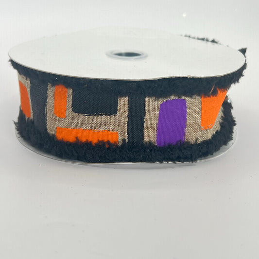 Halloween Wired Ribbon: Beige Brush Strokes with Black Chenille Edge