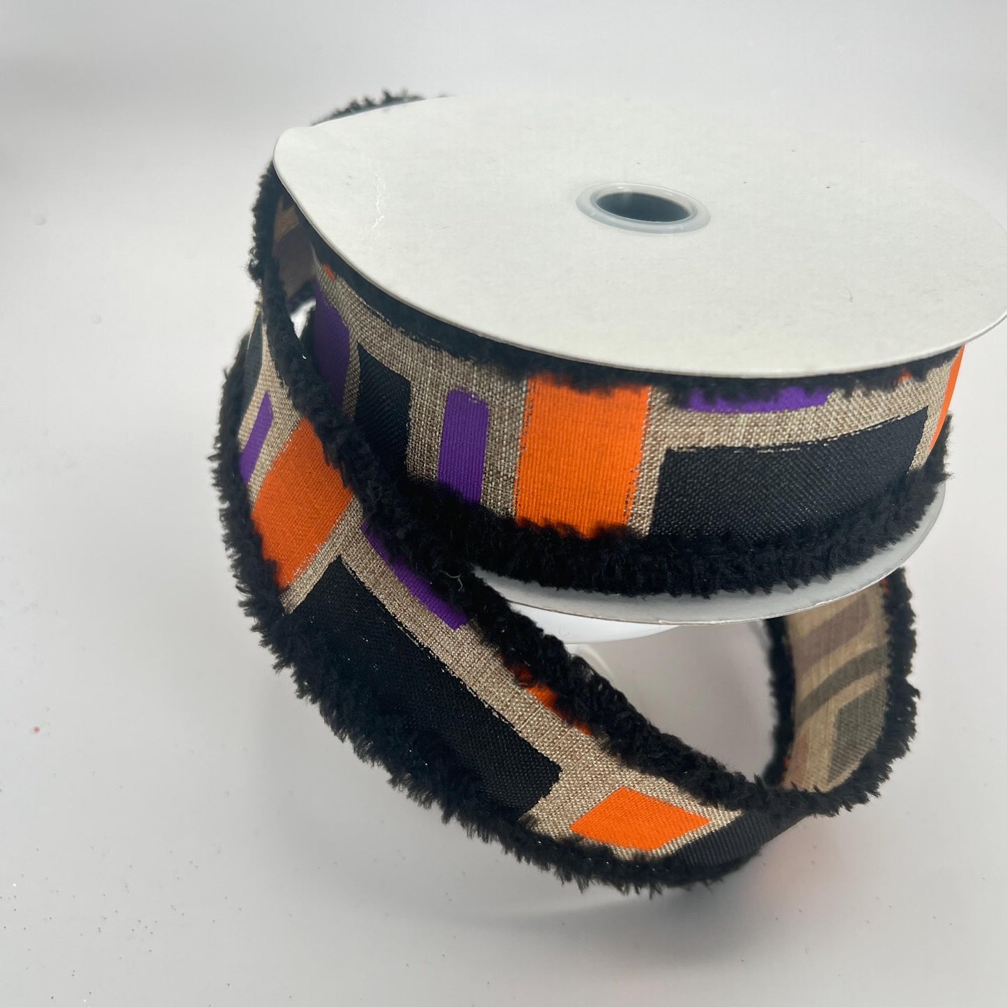 Halloween Wired Ribbon: Beige Brush Strokes with Black Chenille Edge