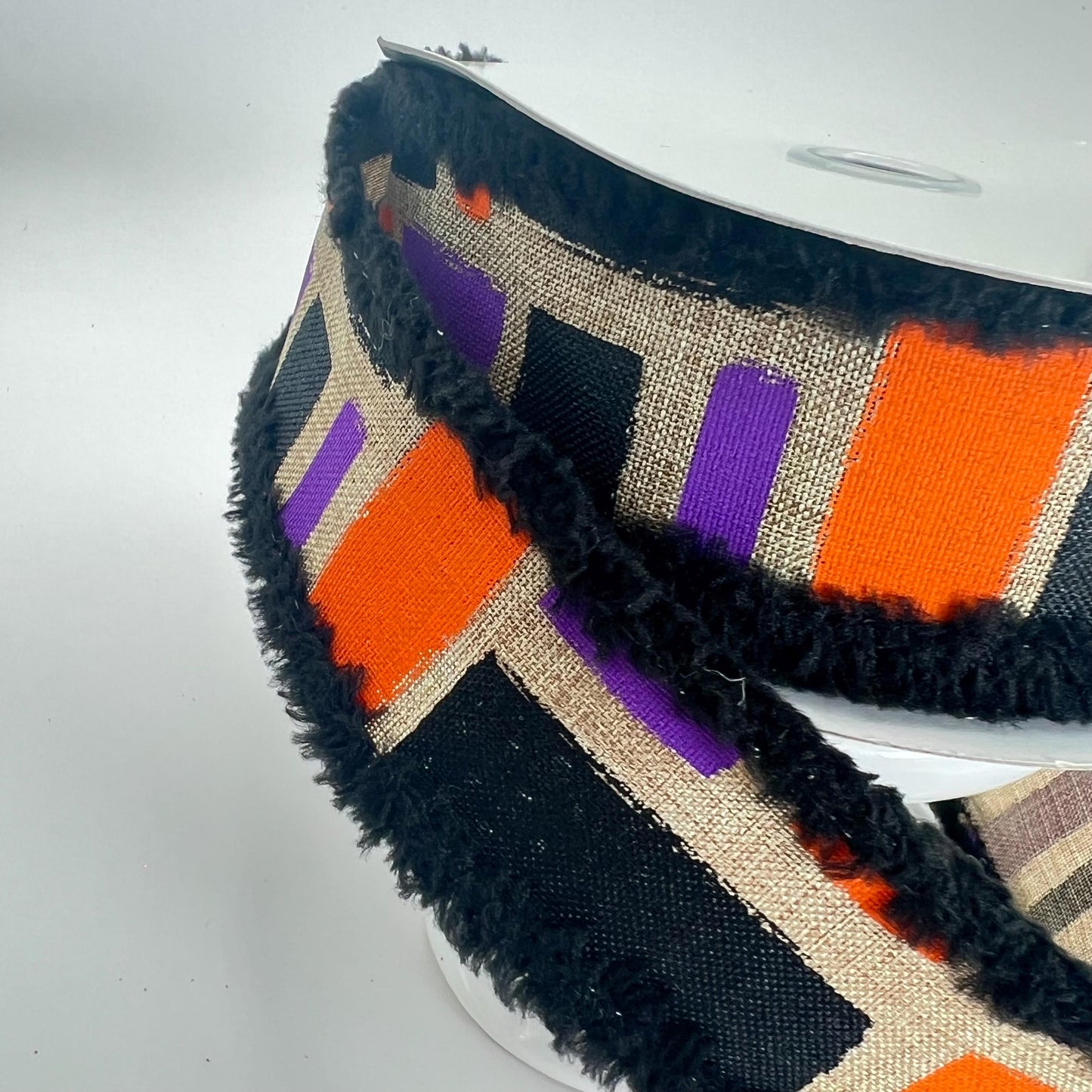 Halloween Wired Ribbon: Beige Brush Strokes with Black Chenille Edge