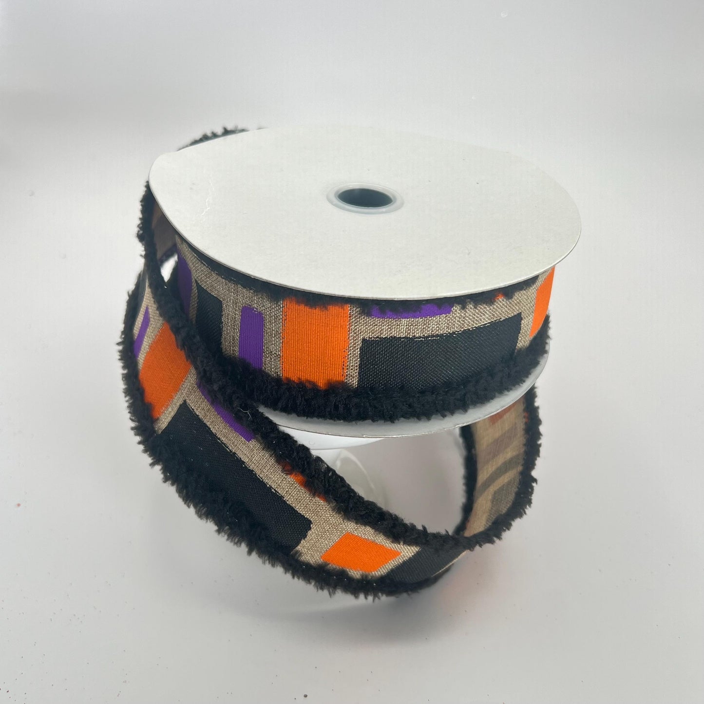 Halloween Wired Ribbon: Beige Brush Strokes with Black Chenille Edge