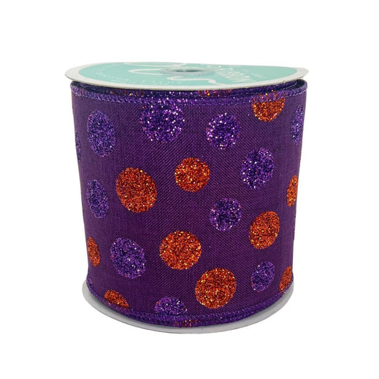Purple Glitter Dot Ribbon: 4" Wired Halloween Wreath Supply