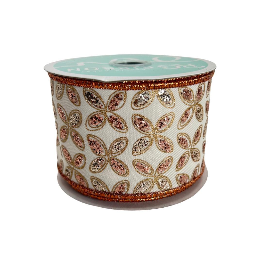 Quatrefoil Ivory Ribbon with Gold and Rose Gold Glitter Leaves, 2.5 Inch Wired Ribbon for Bows, Fall or Autumn Wreath Ribbon, RGE192677