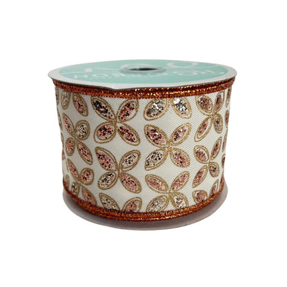 Quatrefoil Ivory Ribbon with Gold and Rose Gold Glitter Leaves, 2.5 Inch Wired Ribbon for Bows, Fall or Autumn Wreath Ribbon, RGE192677