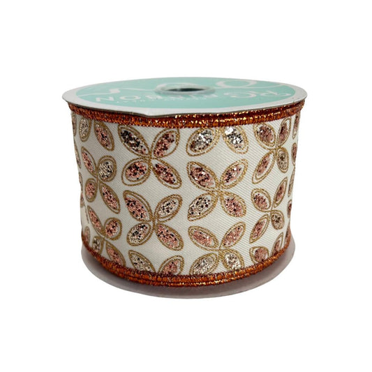 Quatrefoil Ivory Ribbon with Gold and Rose Gold Glitter Leaves, 2.5 Inch Wired Ribbon for Bows, Fall or Autumn Wreath Ribbon, RGE192677