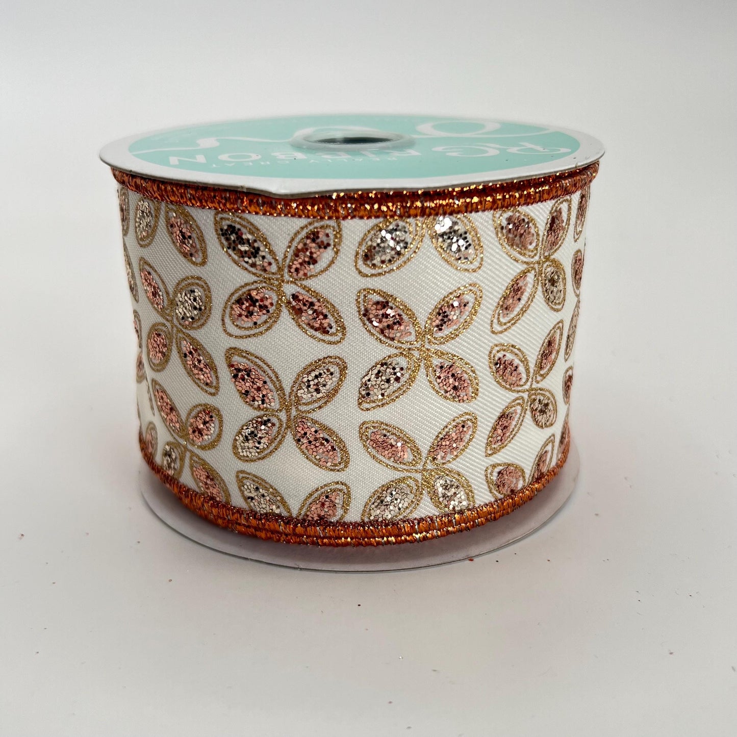 Quatrefoil Ivory Ribbon with Gold and Rose Gold Glitter Leaves, 2.5 Inch Wired Ribbon for Bows, Fall or Autumn Wreath Ribbon, RGE192677