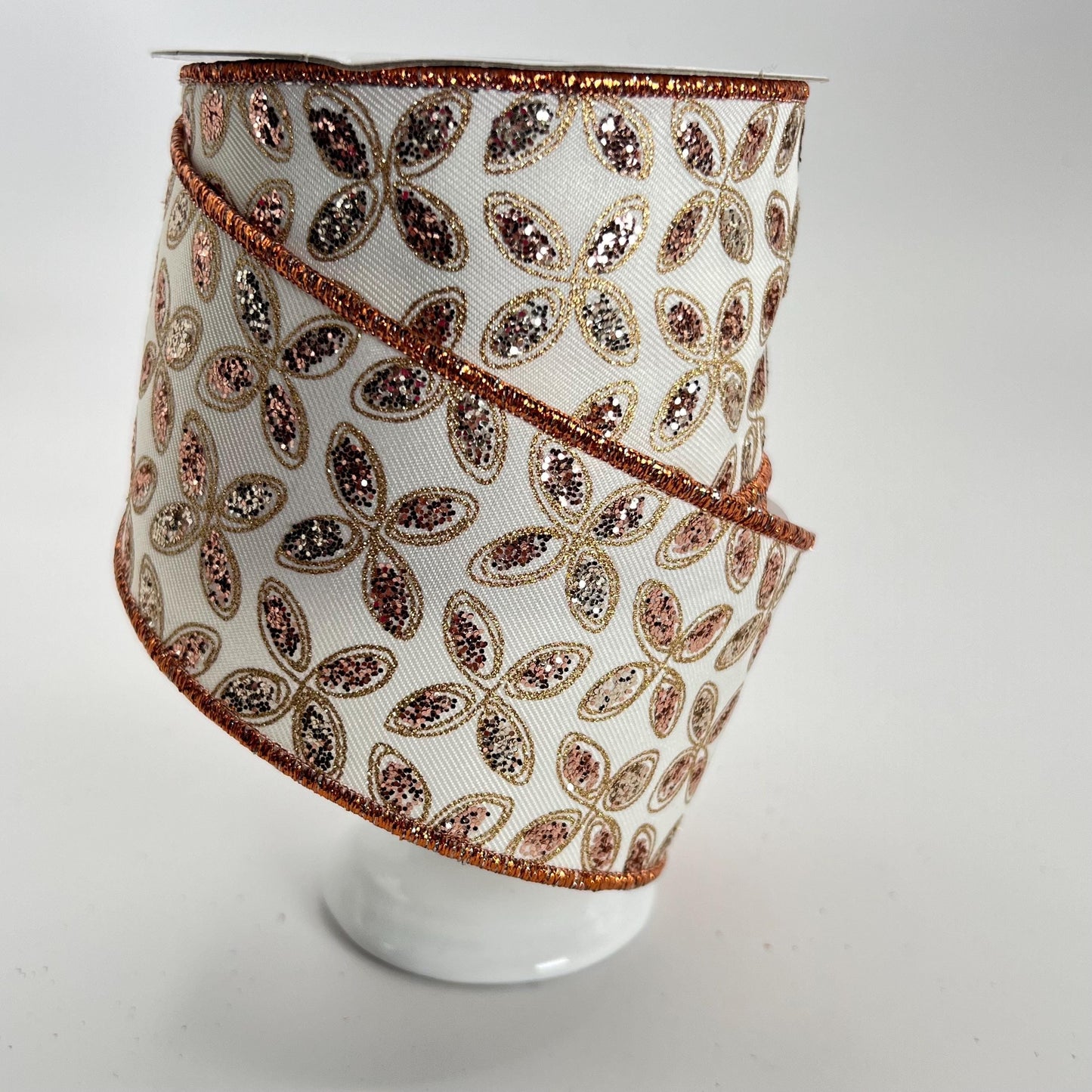 Quatrefoil Ivory Ribbon with Gold and Rose Gold Glitter Leaves, 2.5 Inch Wired Ribbon for Bows, Fall or Autumn Wreath Ribbon, RGE192677