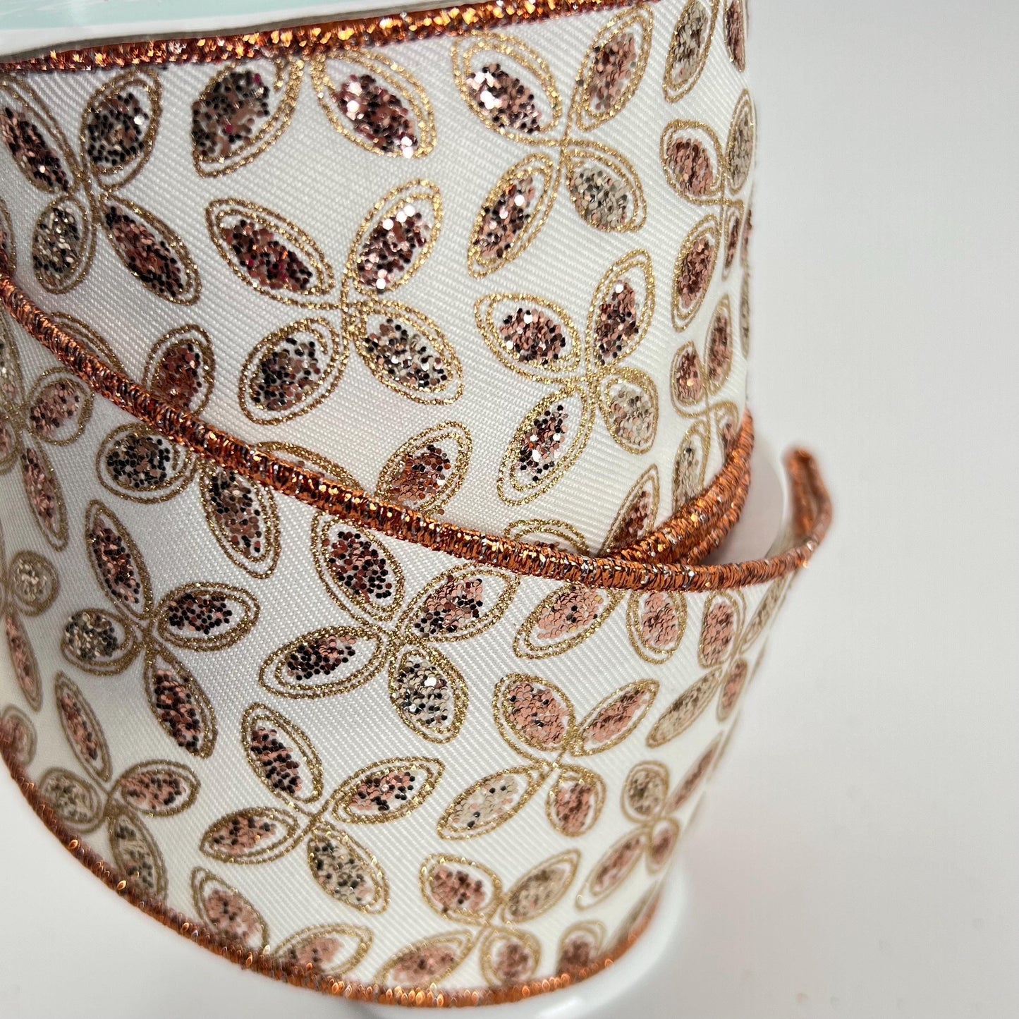 Quatrefoil Ivory Ribbon with Gold and Rose Gold Glitter Leaves, 2.5 Inch Wired Ribbon for Bows, Fall or Autumn Wreath Ribbon, RGE192677