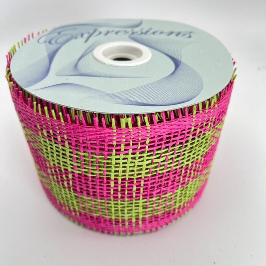 Paper Mesh, 4 Inch Fuscia and Green Check Paper Mesh Ribbon, Wide Mesh Ribbon, Summer Party Decor, Hot Pink and Lime Green Mesh Ribbon Decor