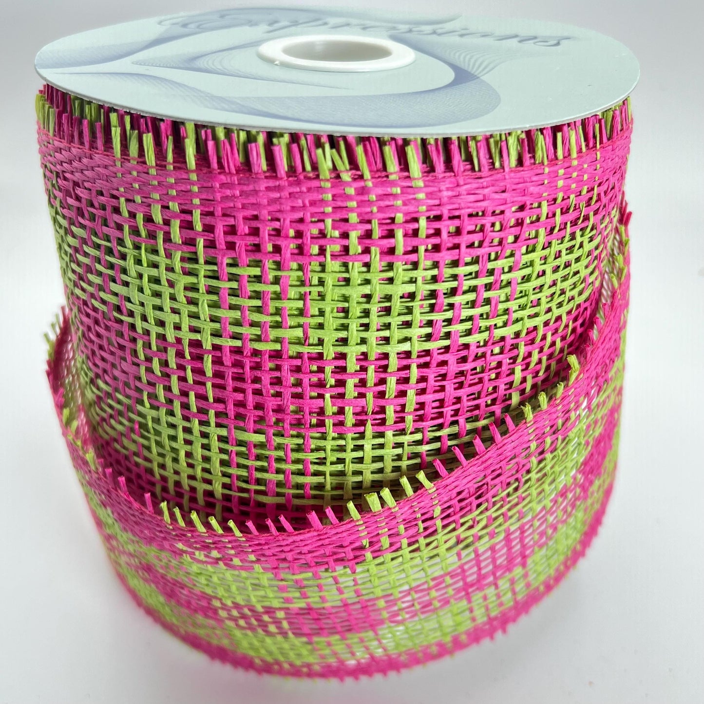 Paper Mesh, 4 Inch Fuscia and Green Check Paper Mesh Ribbon, Wide Mesh Ribbon, Summer Party Decor, Hot Pink and Lime Green Mesh Ribbon Decor