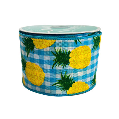 Pineapple Ribbon: 2.5" Blue Gingham Wired Summer Ribbon