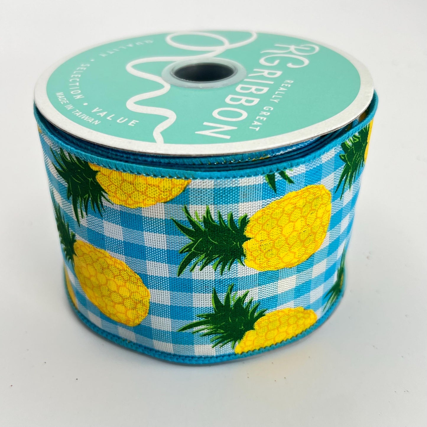 Pineapple Ribbon: 2.5" Blue Gingham Wired Summer Ribbon