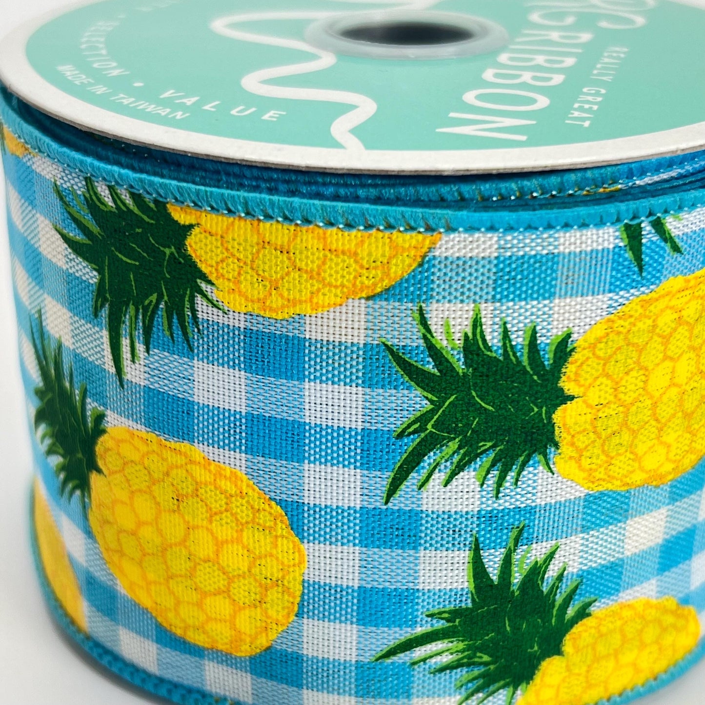 Pineapple Ribbon: 2.5" Blue Gingham Wired Summer Ribbon