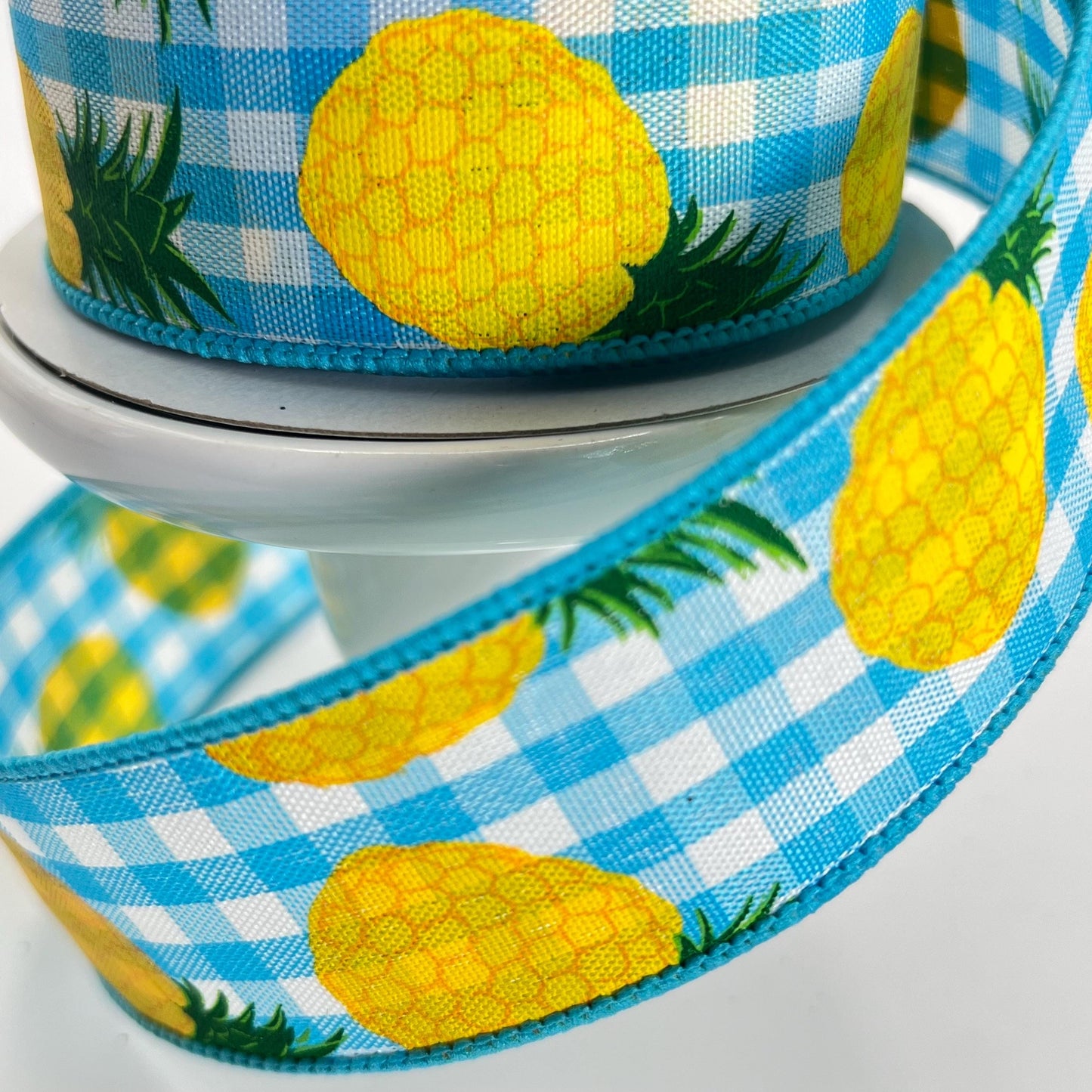 Pineapple Ribbon: 1.5" Blue Gingham Wired Ribbon, Summer Wreath Supplies