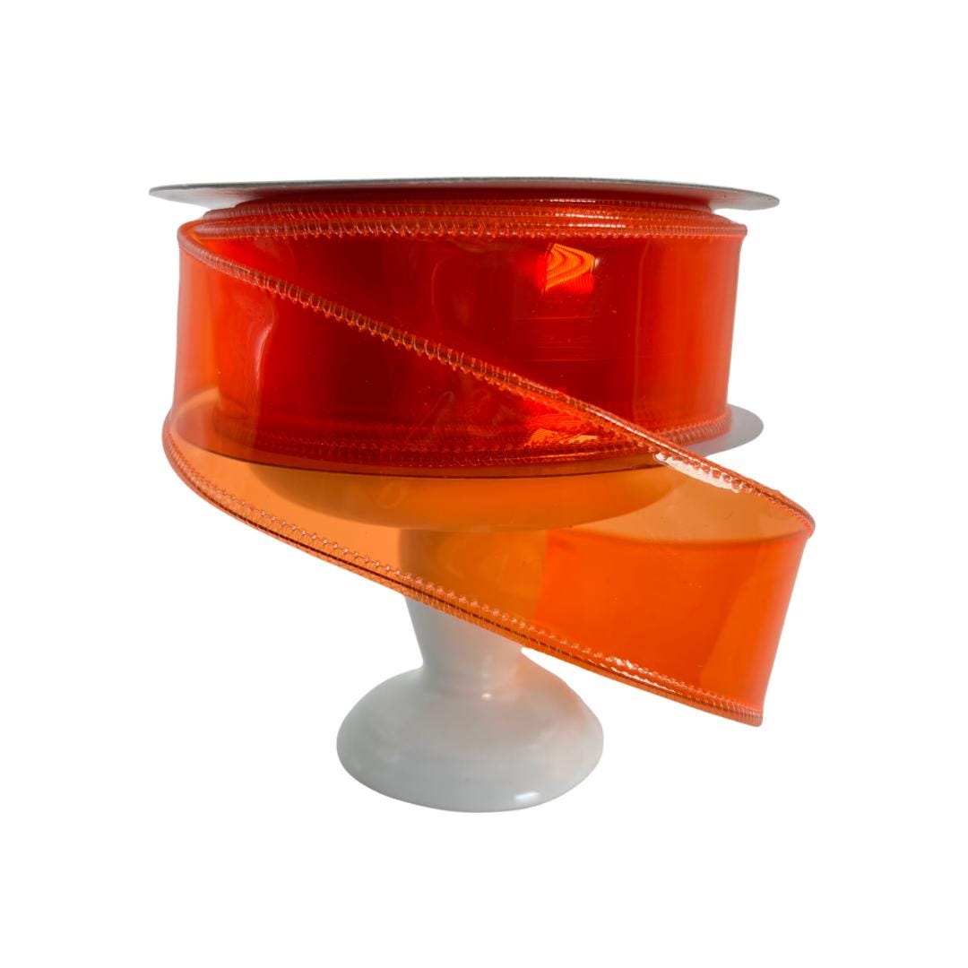 Orange Jelly Ribbon: 1.5" Wired Translucent PVC Vinyl, Halloween Easter Wreath Supply