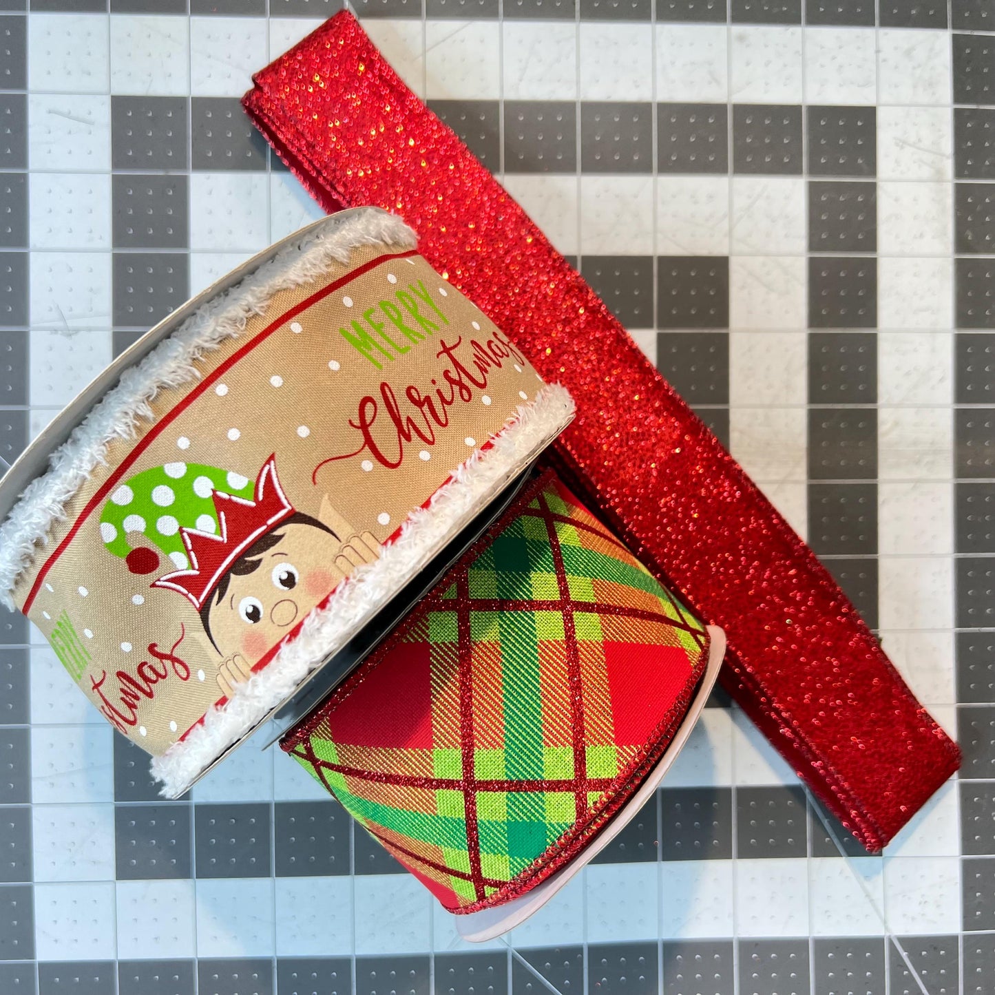 Elf Wreath Kit, Christmas Evergreen Wreath Kit, North Pole Santa’s Elf Wreath Kit, Christmas Red and Green Ribbon Mesh Sign Wreath Bundle