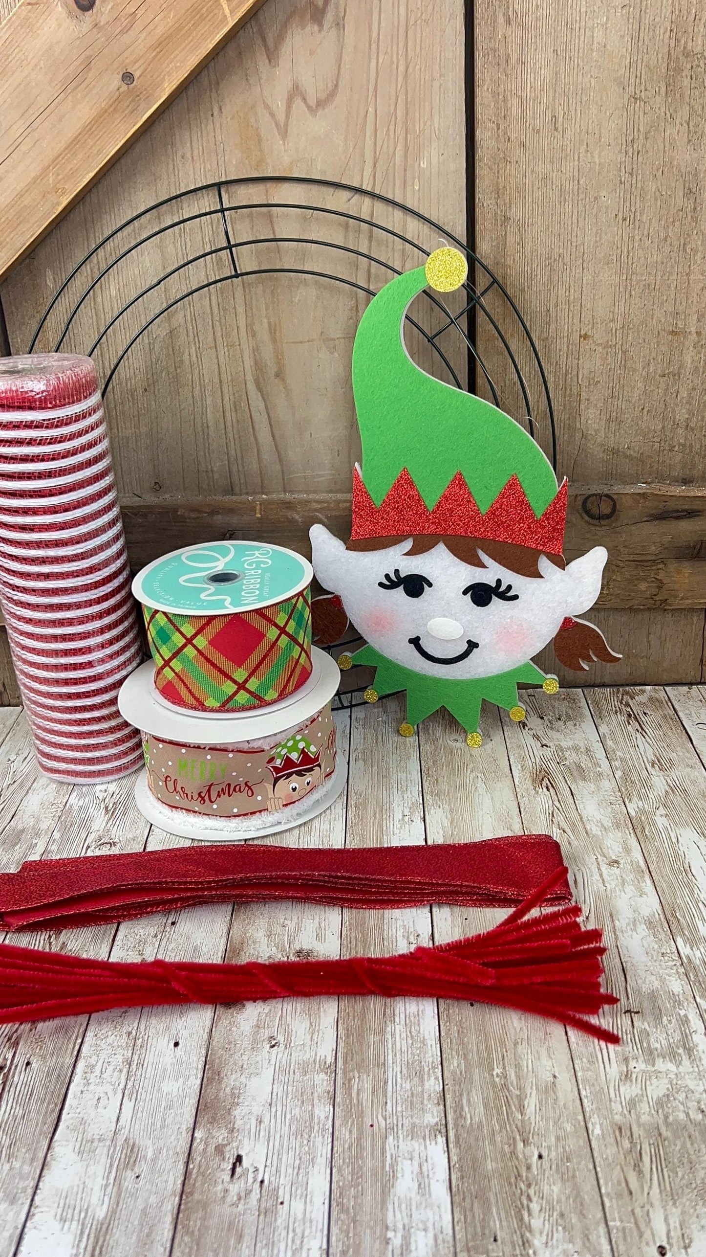 Elf Wreath Kit, Thin Christmas Elf Wreath Kit, North Pole Santa’s Elf Wreath Kit, Christmas Red and Green Ribbon Mesh Sign Pancake Wreath