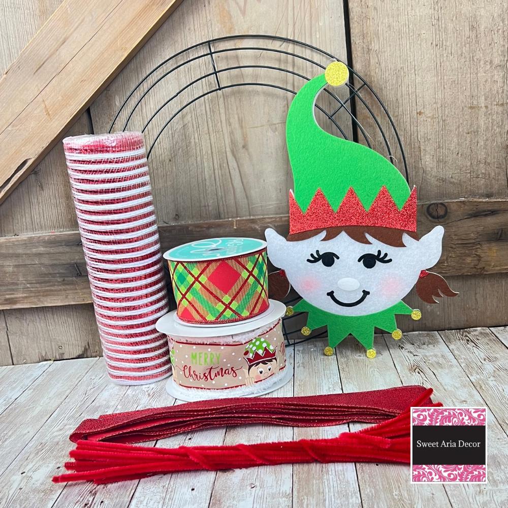 Elf Wreath Kit, Thin Christmas Elf Wreath Kit, North Pole Santa’s Elf Wreath Kit, Christmas Red and Green Ribbon Mesh Sign Pancake Wreath