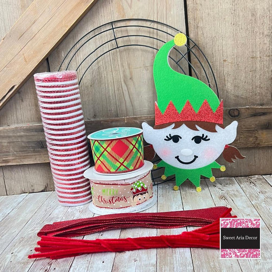 Elf Wreath Kit, Thin Christmas Elf Wreath Kit, North Pole Santa’s Elf Wreath Kit, Christmas Red and Green Ribbon Mesh Sign Pancake Wreath
