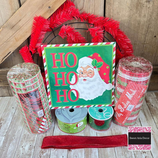 Large Christmas Wreath Kit, Santa Ho Ho Ho Wreath Kit, Do It Yourself Christmas Wreath, Big Holiday Red and Green Front Door Decoration
