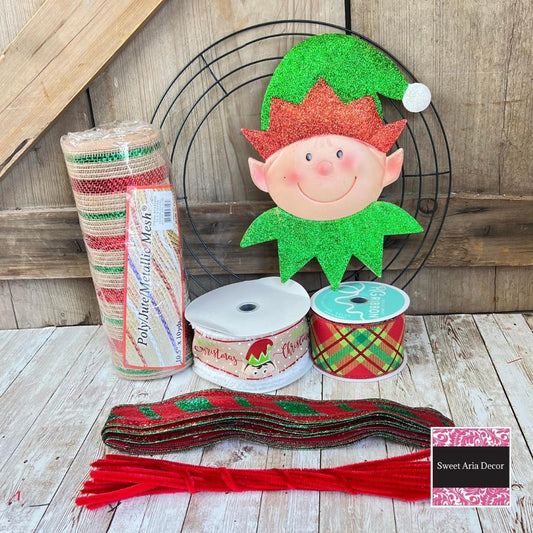 Elf Wreath Kit, Thin Christmas Glitter Elf Wreath Kit, North Pole Elf Wreath Kit, Christmas Red and Green Ribbon Mesh Sign Pancake Wreath