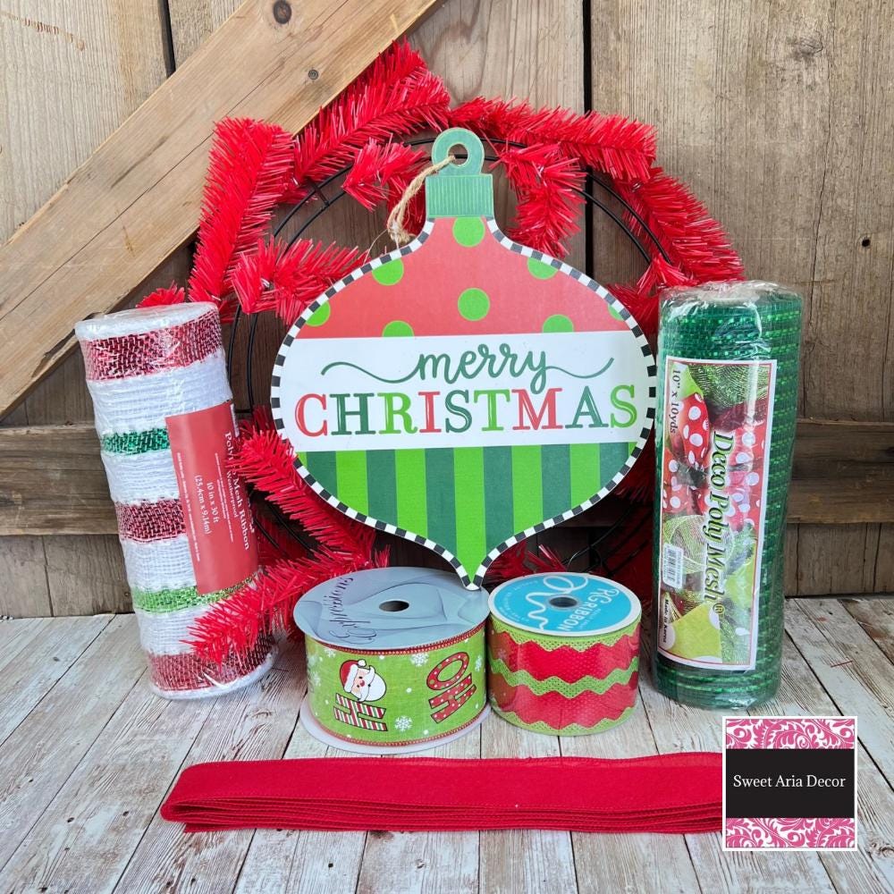 Christmas Wreath Kit, Vintage Ornament Wreath Kit, Do It Yourself Holiday Wreath Kit, Merry Christmas Green Red Ribbon Mesh Sign Bundle
