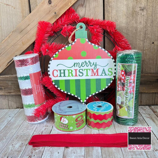 Christmas Wreath Kit, Vintage Ornament Wreath Kit, Do It Yourself Holiday Wreath Kit, Merry Christmas Green Red Ribbon Mesh Sign Bundle