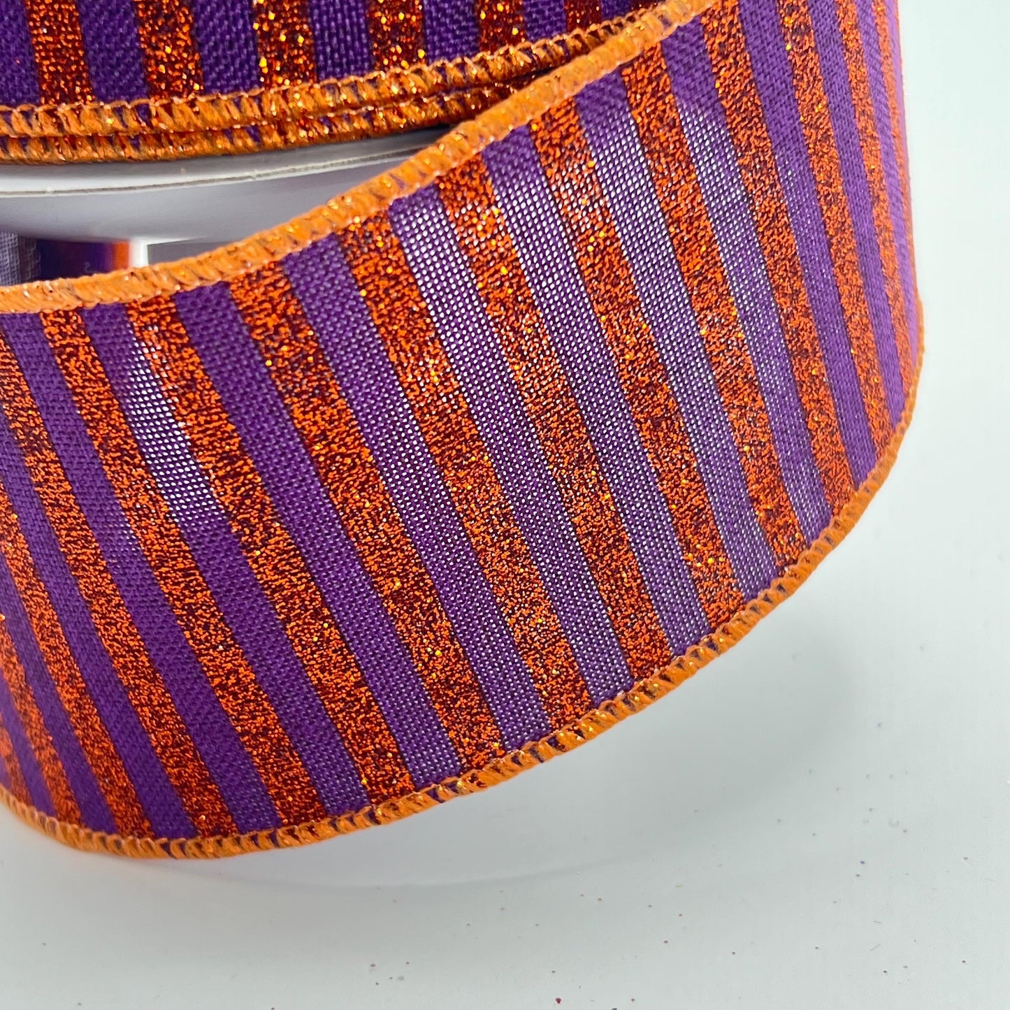Halloween Wired Ribbon: Purple with Orange Glitter Stripe (2.5" x 10yd)