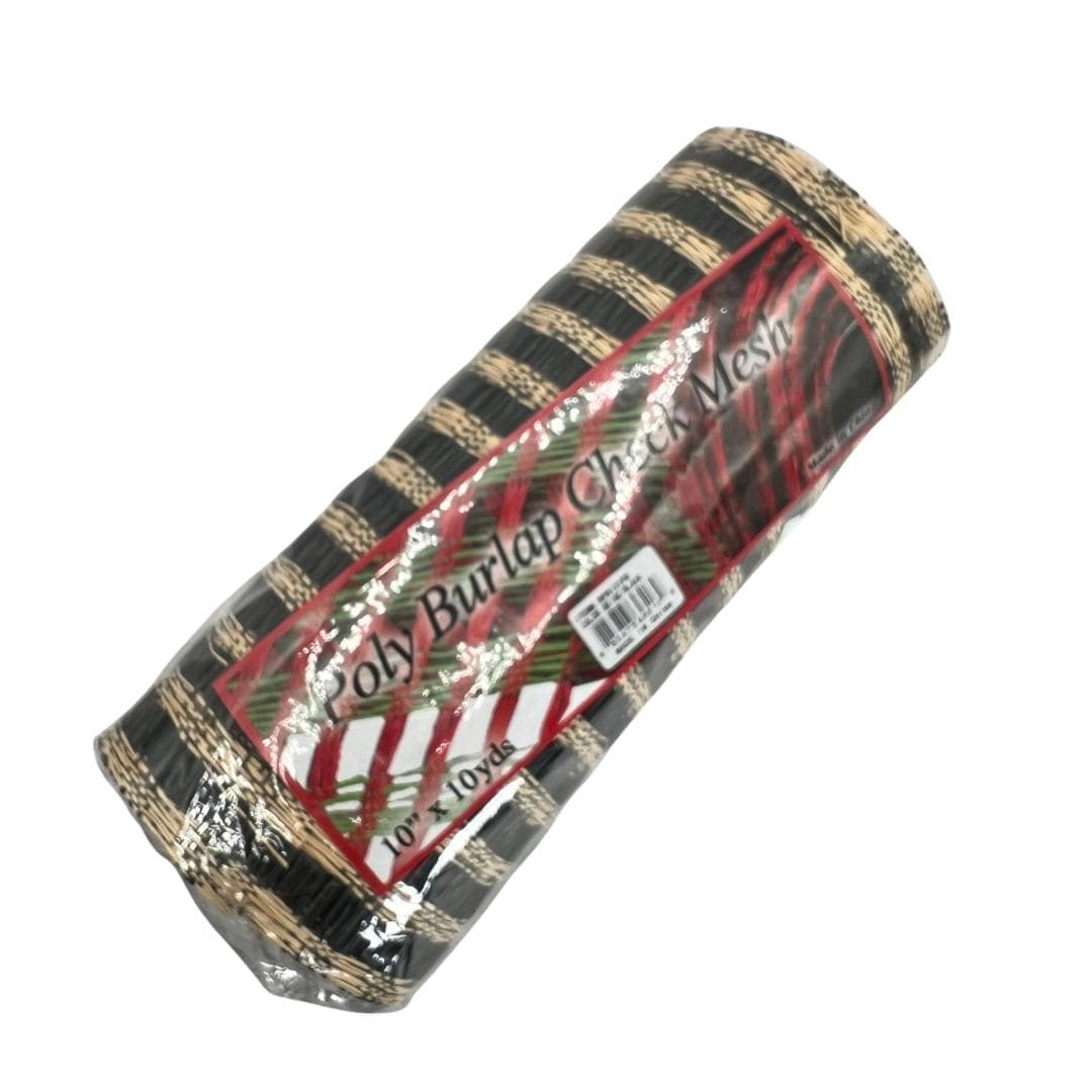 Beige and Black Poly Burlap Check Mesh, Large Weave Black and Brown Mesh Ribbon for Wreaths, Wreathmaking Supply, Windowpane Mesh, RP8121F8