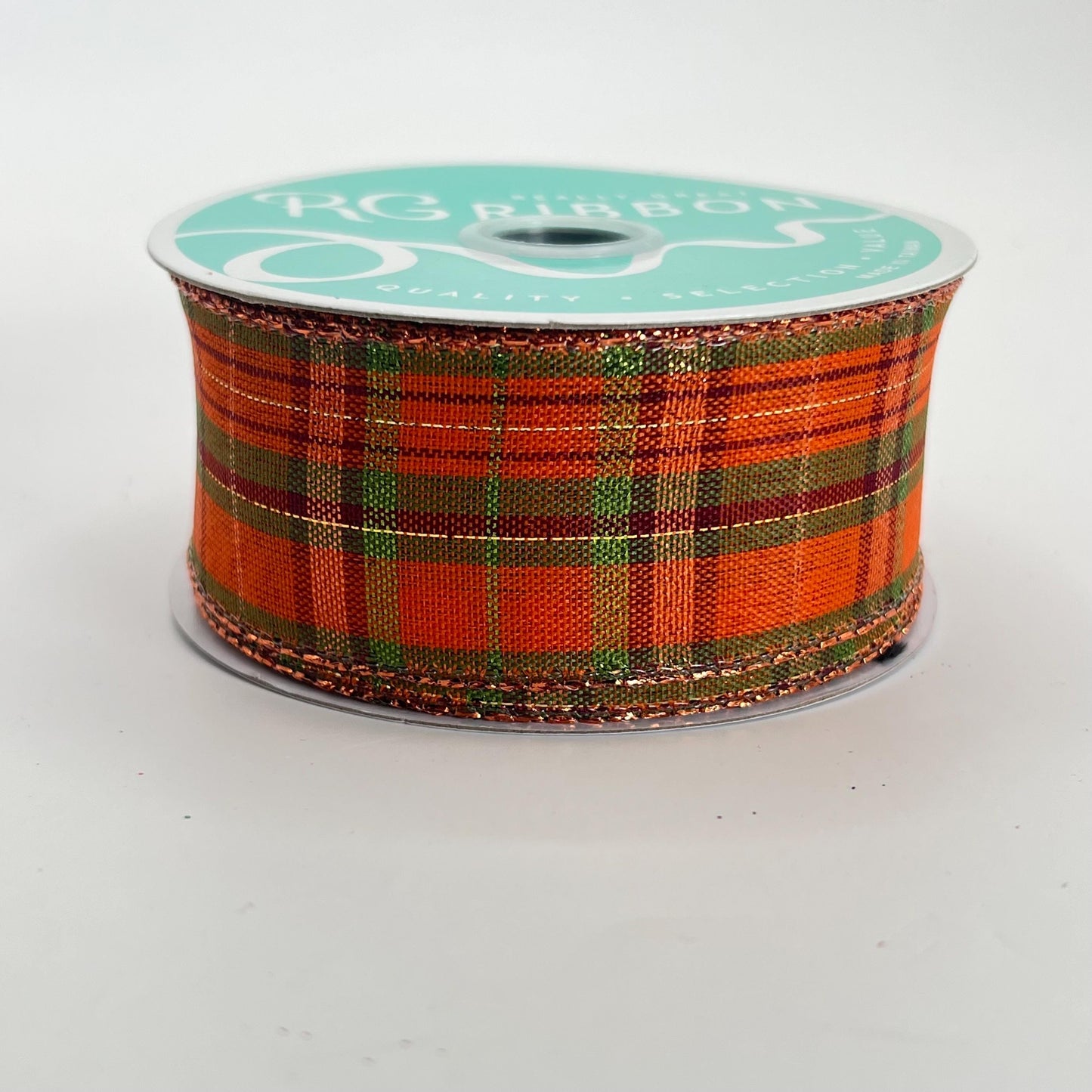 Fall Plaid Wired Ribbon: Orange, Moss Green & Burgundy Metallic - 1.5" x 10yd