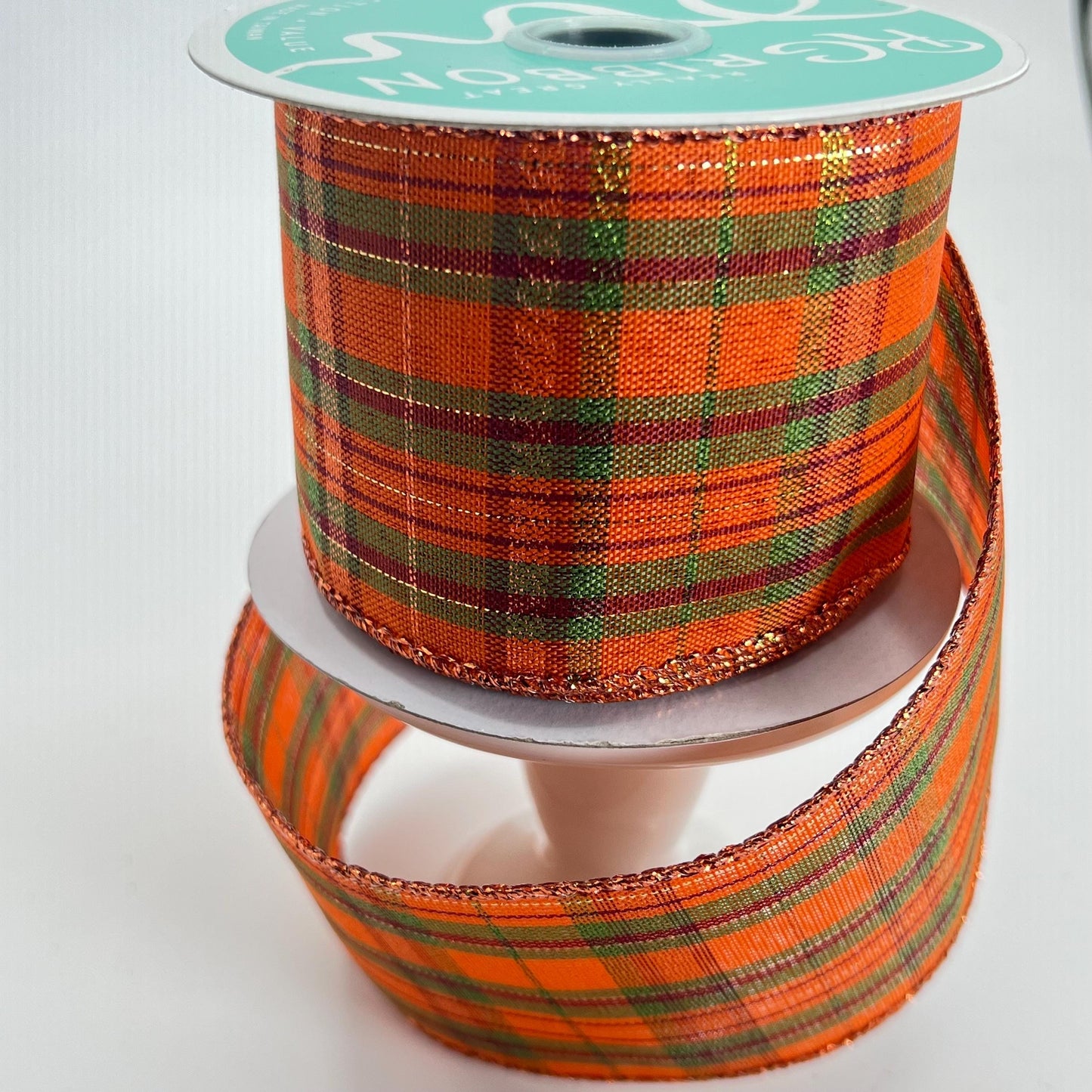 Fall Plaid Wired Ribbon: Orange, Moss Green & Burgundy Metallic - 1.5" x 10yd