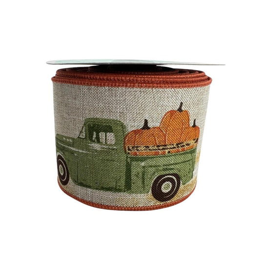 Fall Truck & Pumpkin Wired Ribbon: 2.5" x 10yd Thanksgiving Wreath Supply