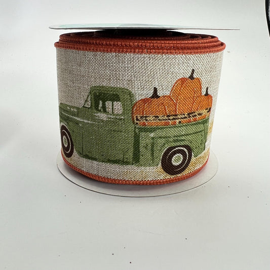Fall Truck & Pumpkin Wired Ribbon: 2.5" x 10yd Thanksgiving Wreath Supply