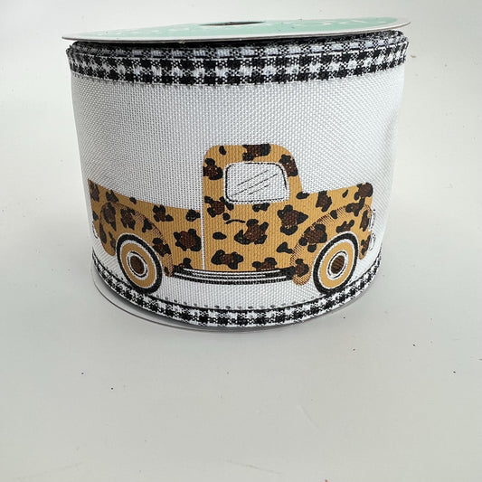Leopard Print Pickup Truck Ribbon: Gingham Edge Wired Ribbon, 2.5" x 10yd