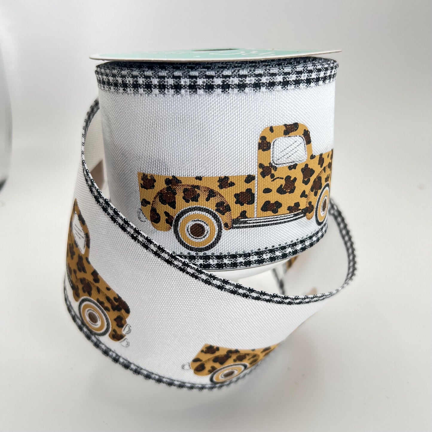 Leopard Print Pickup Truck Ribbon: Gingham Edge Wired Ribbon, 2.5" x 10yd