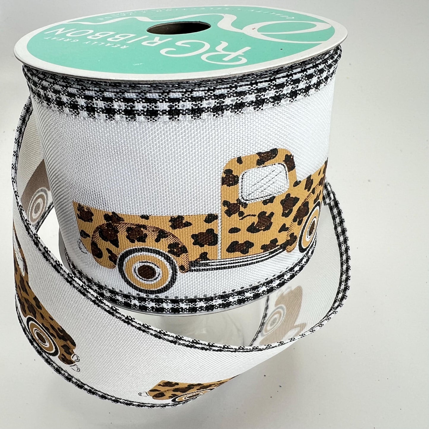 Leopard Print Pickup Truck Ribbon: Gingham Edge Wired Ribbon, 2.5" x 10yd