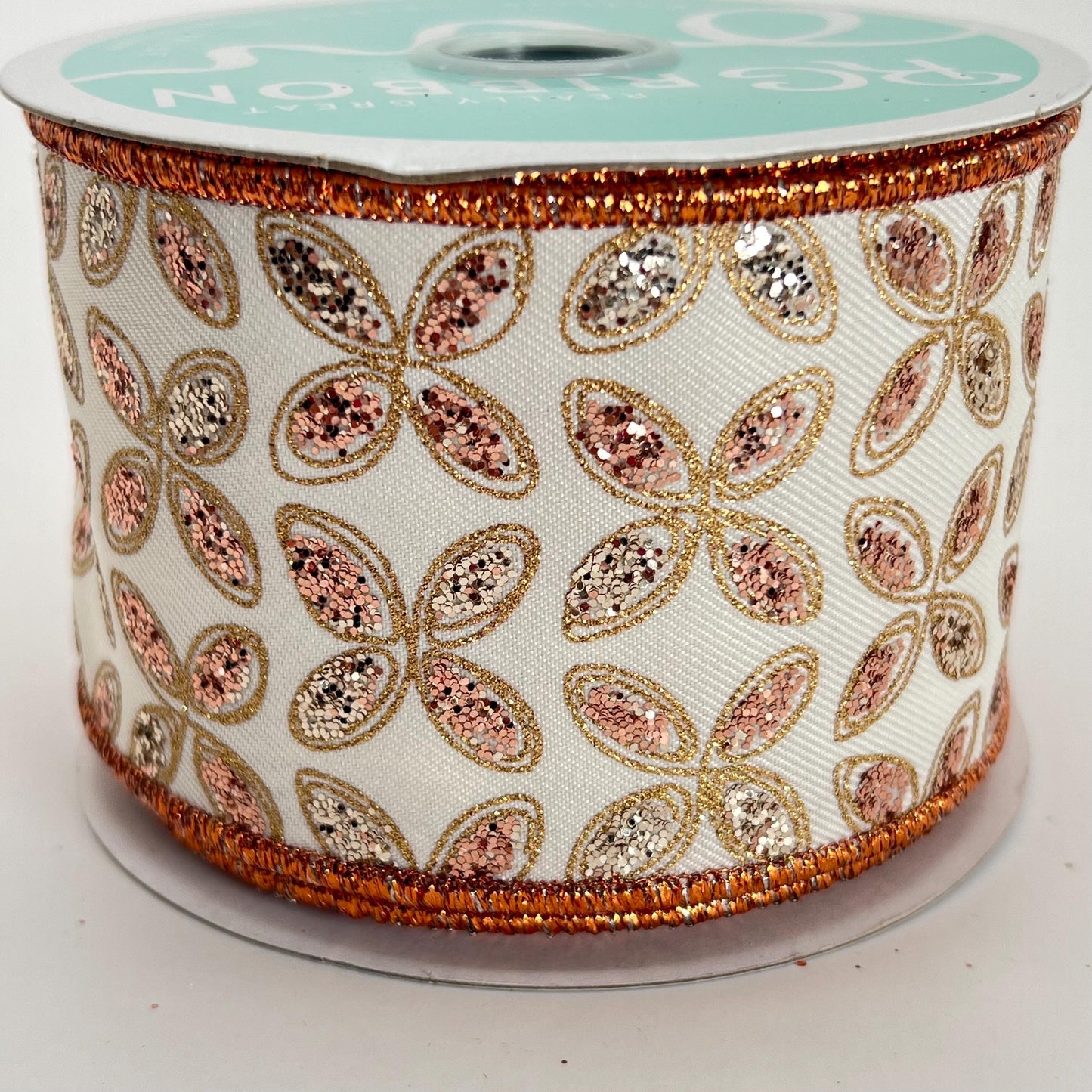 Quatrefoil Ivory Ribbon with Gold and Rose Gold Glitter Leaves, 2.5 Inch Wired Ribbon for Bows, Fall or Autumn Wreath Ribbon, RGE192677