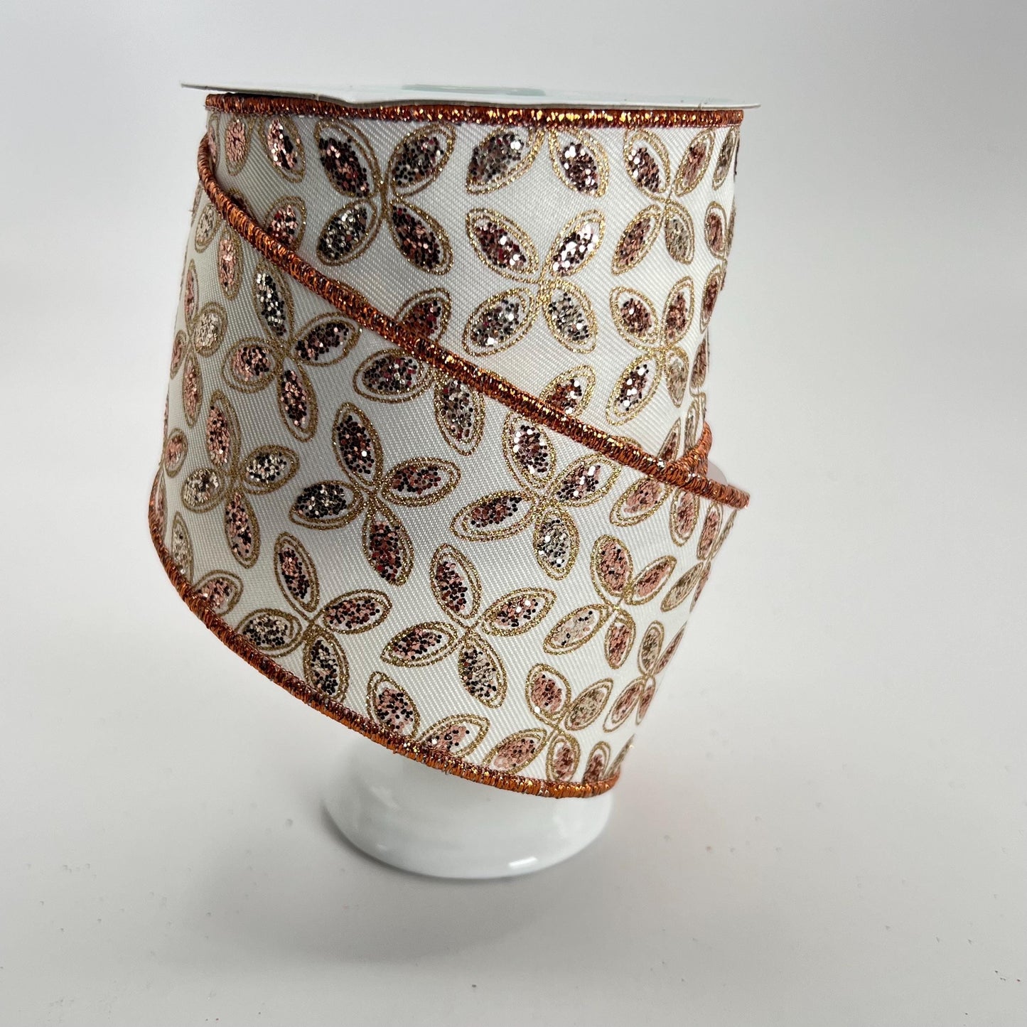 Quatrefoil Ivory Ribbon with Gold and Rose Gold Glitter Leaves, 2.5 Inch Wired Ribbon for Bows, Fall or Autumn Wreath Ribbon, RGE192677