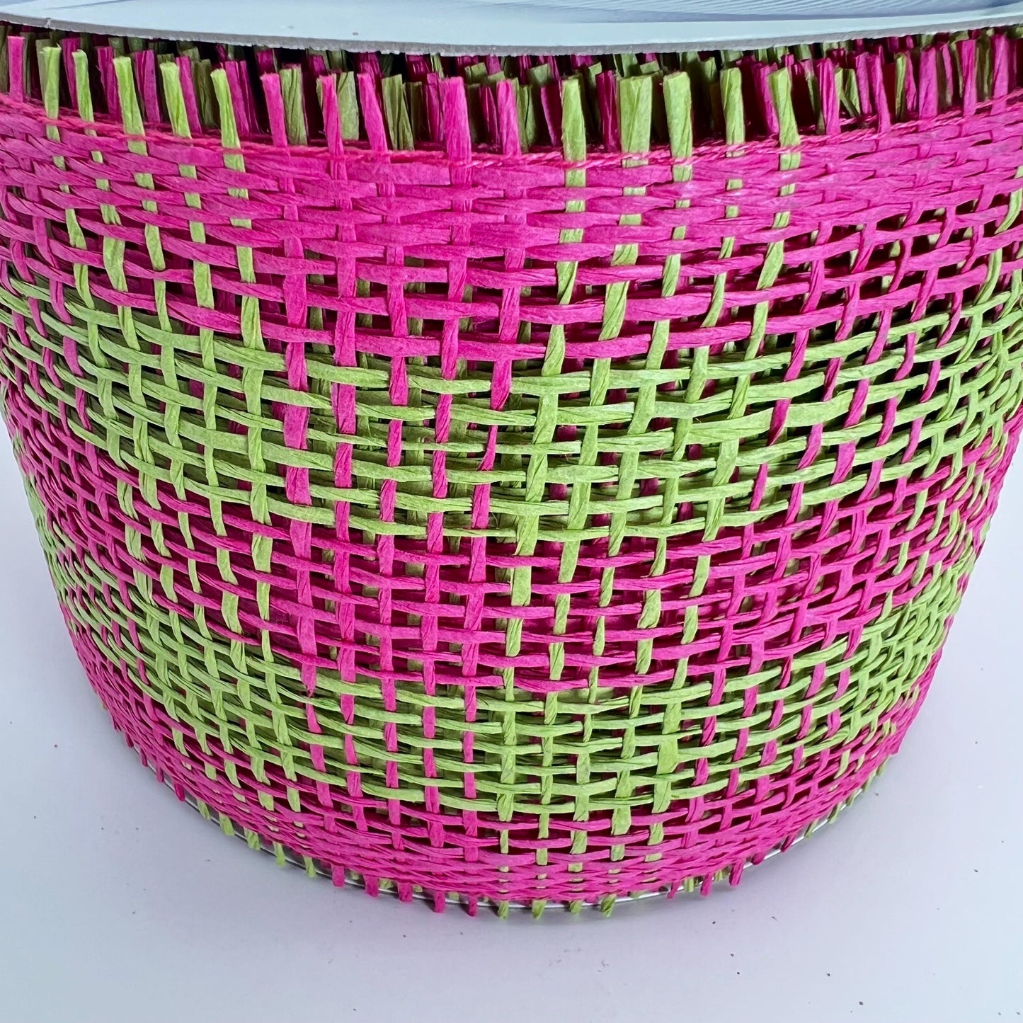 Paper Mesh, 4 Inch Fuscia and Green Check Paper Mesh Ribbon, Wide Mesh Ribbon, Summer Party Decor, Hot Pink and Lime Green Mesh Ribbon Decor