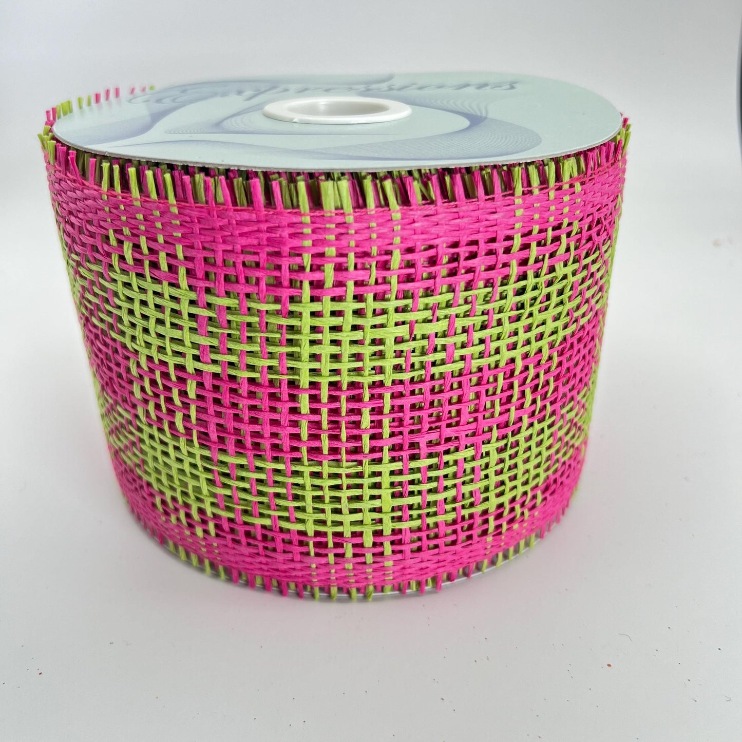 Paper Mesh, 4 Inch Fuscia and Green Check Paper Mesh Ribbon, Wide Mesh Ribbon, Summer Party Decor, Hot Pink and Lime Green Mesh Ribbon Decor