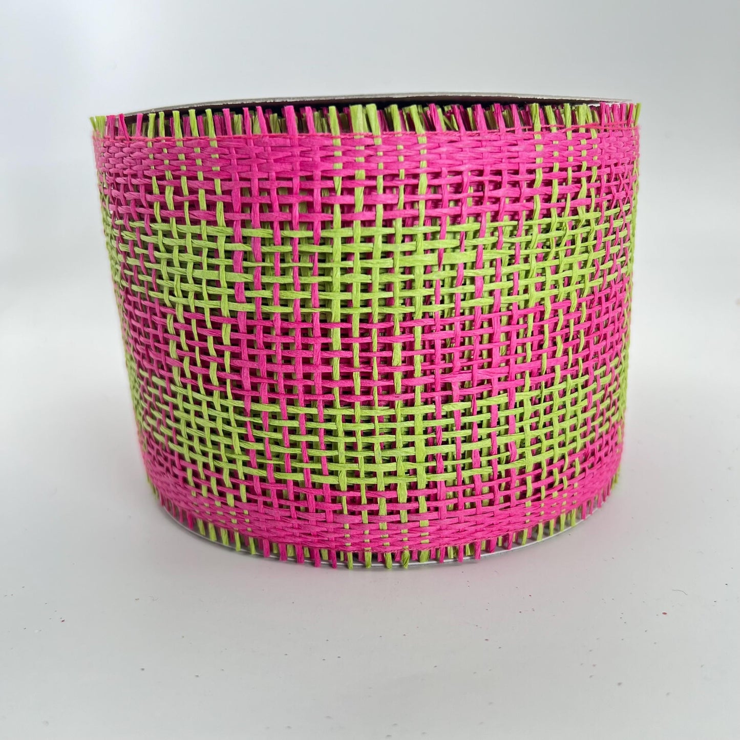 Paper Mesh, 4 Inch Fuscia and Green Check Paper Mesh Ribbon, Wide Mesh Ribbon, Summer Party Decor, Hot Pink and Lime Green Mesh Ribbon Decor