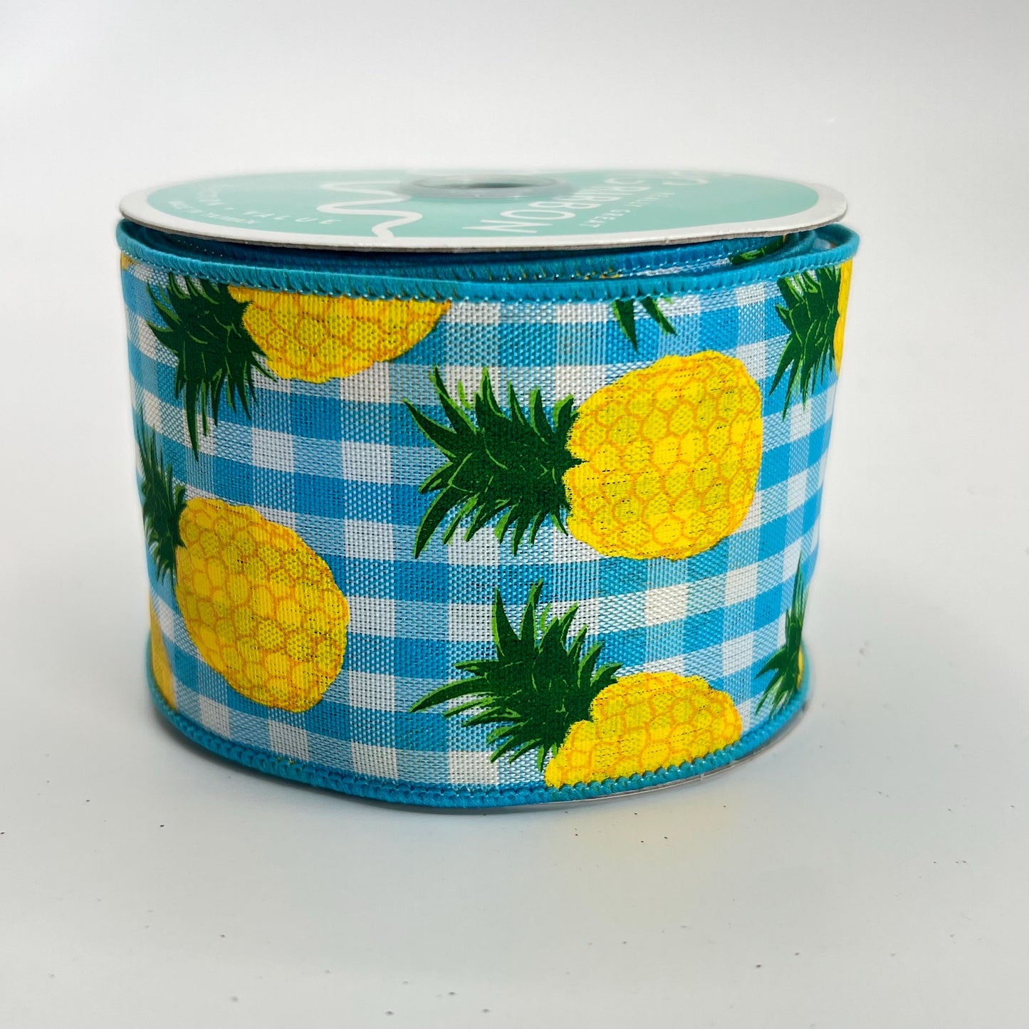 Pineapple Ribbon: 2.5" Blue Gingham Wired Summer Ribbon
