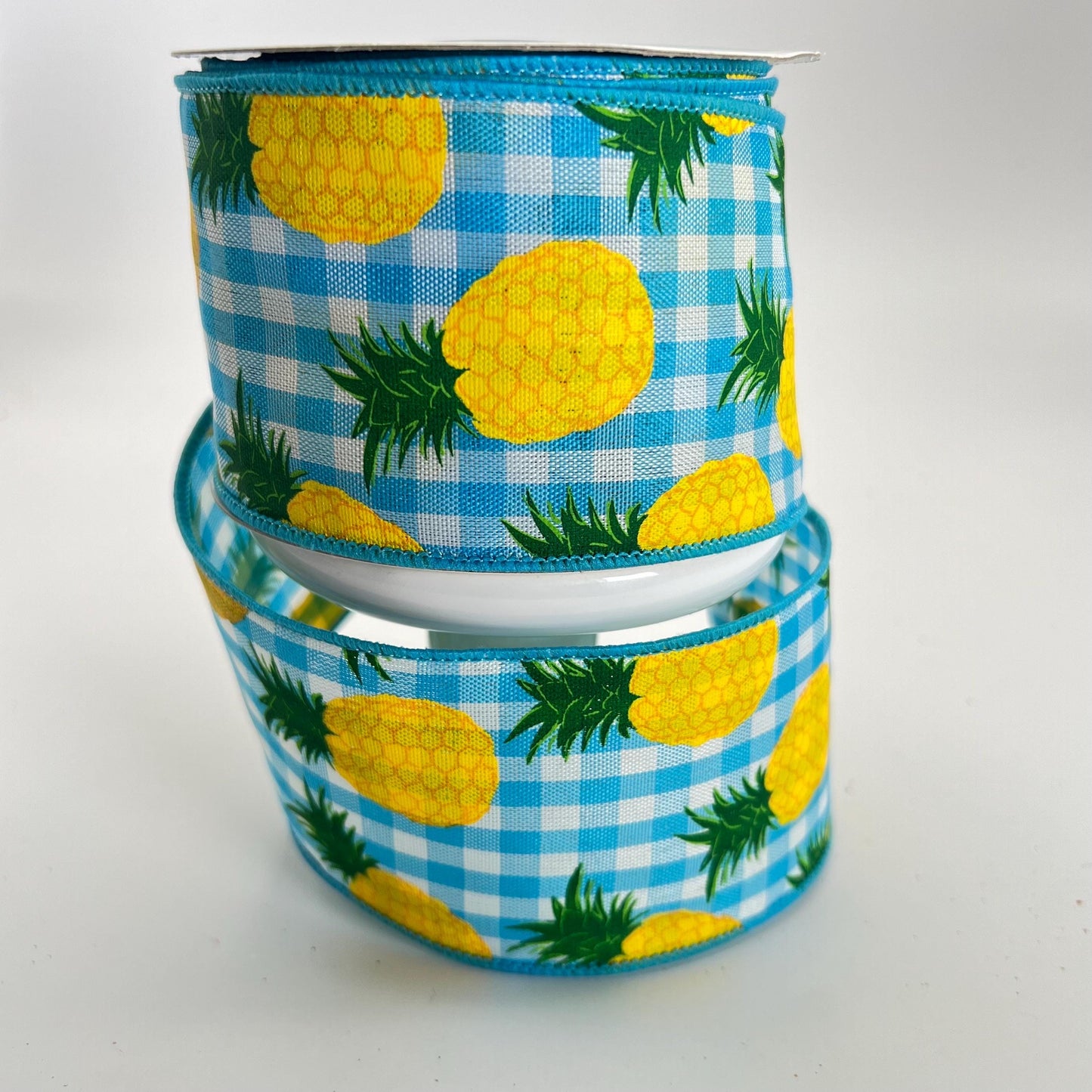 Pineapple Ribbon: 2.5" Blue Gingham Wired Summer Ribbon