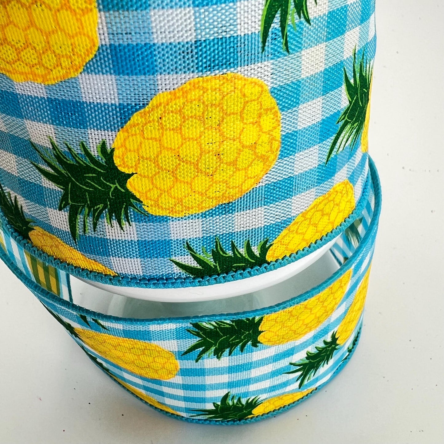 Pineapple Ribbon: 2.5" Blue Gingham Wired Summer Ribbon