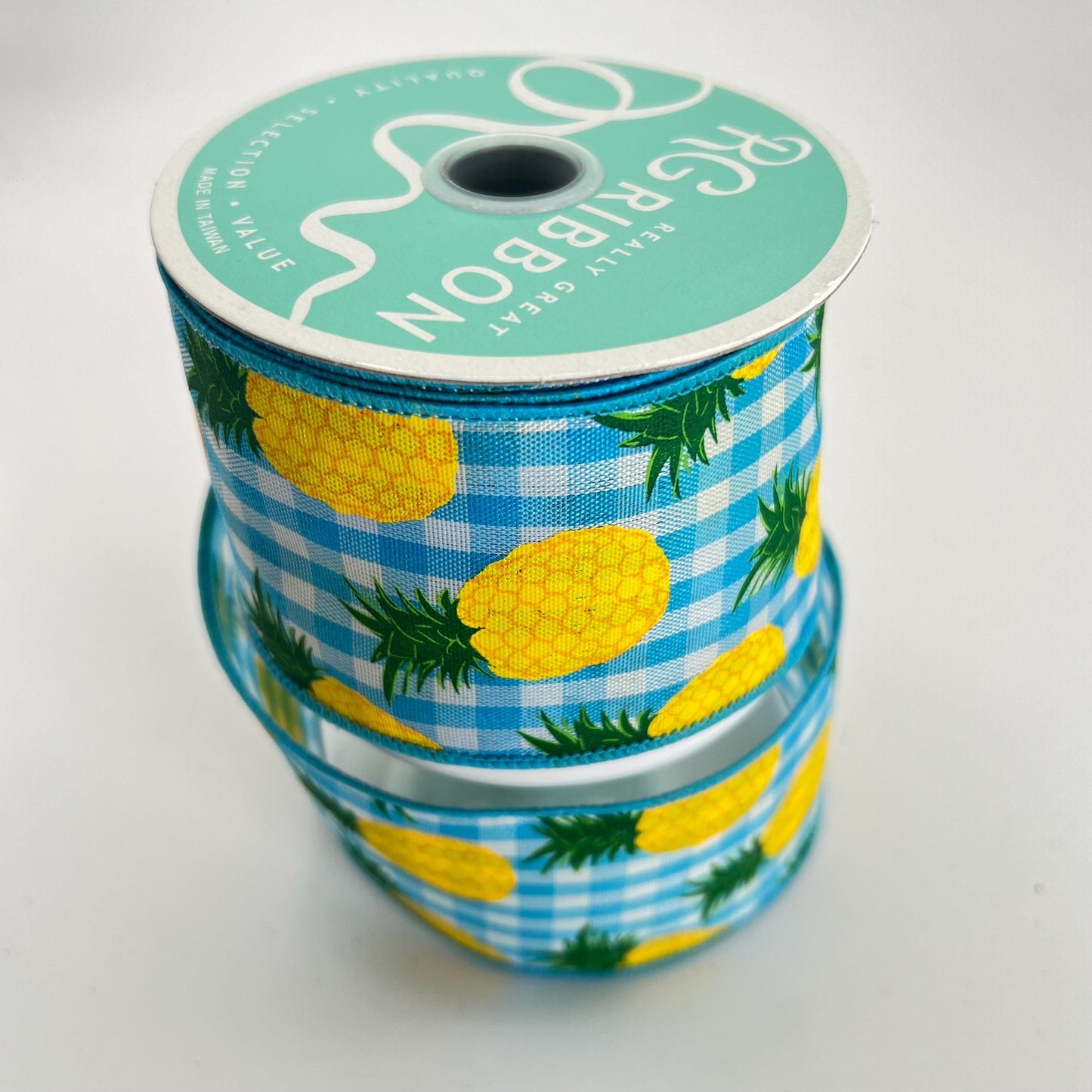 Pineapple Ribbon: 2.5" Blue Gingham Wired Summer Ribbon