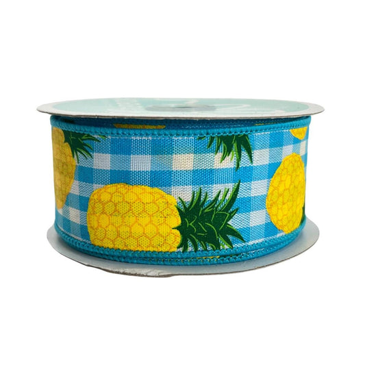 Pineapple Ribbon: 1.5" Blue Gingham Wired Ribbon, Summer Wreath Supplies