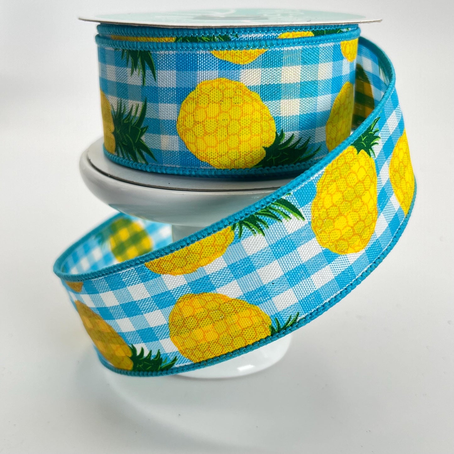 Pineapple Ribbon: 1.5" Blue Gingham Wired Ribbon, Summer Wreath Supplies