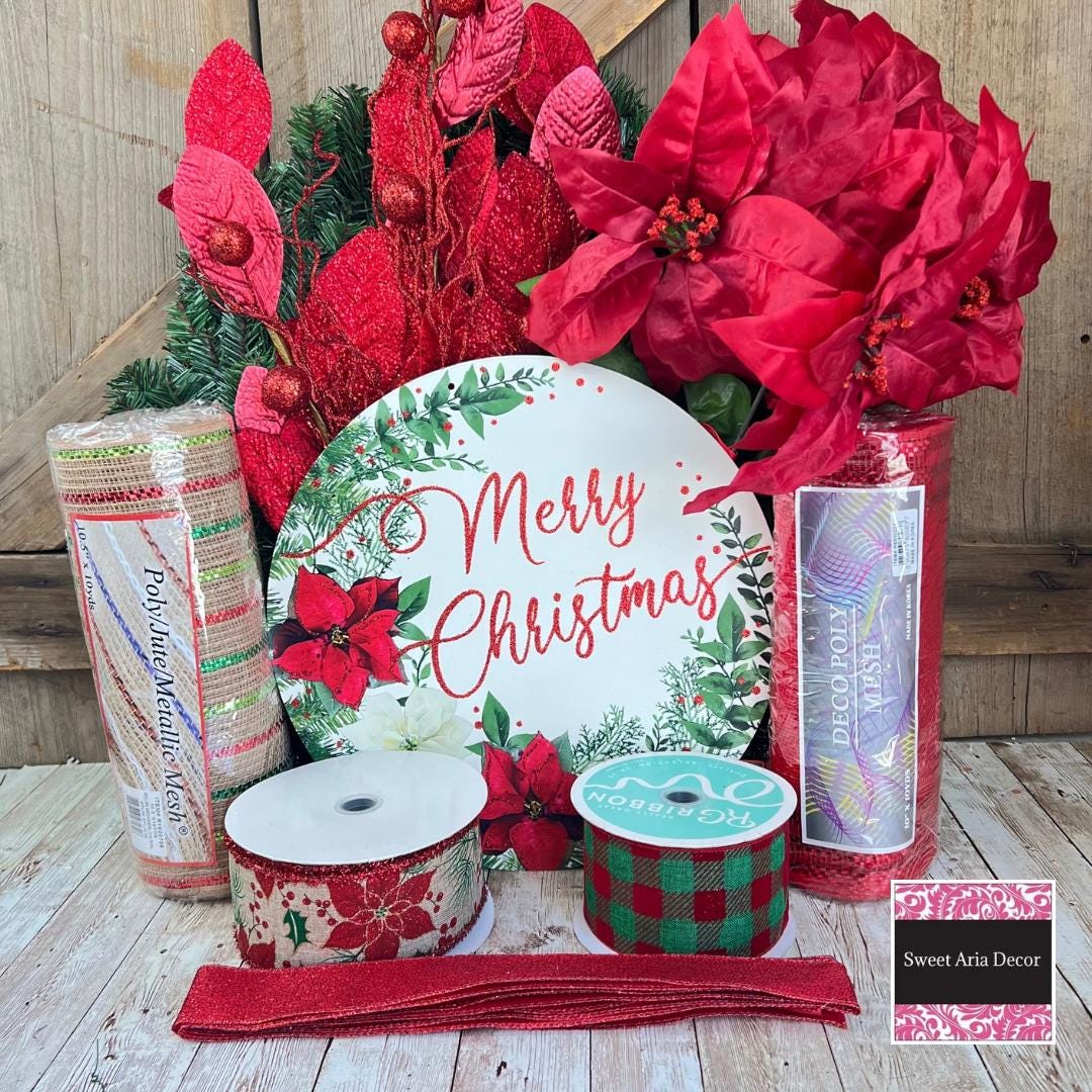 Large Christmas Wreath Kit, Poinsettia Evergreen Wreath Kit, Do It Yourself Christmas Door or Wall Decor, Merry Christmas Wreath Decoration