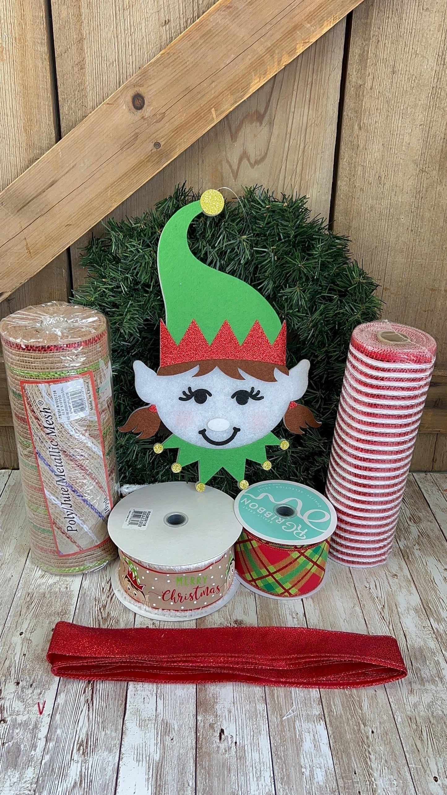 Elf Wreath Kit, Christmas Evergreen Wreath Kit, North Pole Santa’s Elf Wreath Kit, Christmas Red and Green Ribbon Mesh Sign Wreath Bundle