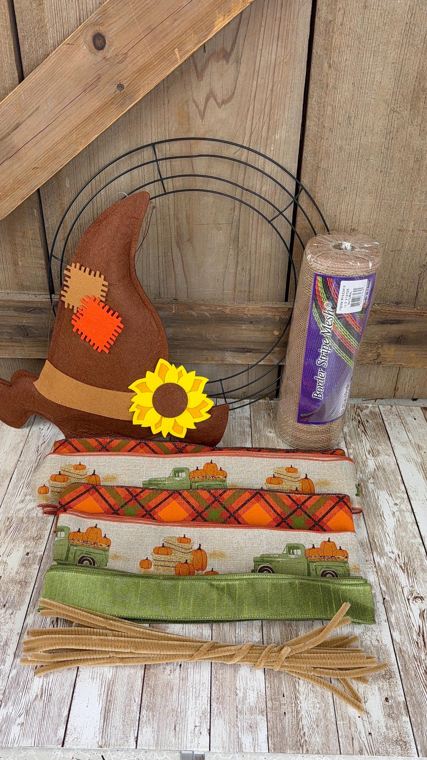 Fall Thin Wreath Kit, Scarecrow Pumpkin Pickup Truck Wreath Kit WITH VIDEO, Orange and Green Fall Pancake Wreath Kit, Fall Ribbon Mesh Kit